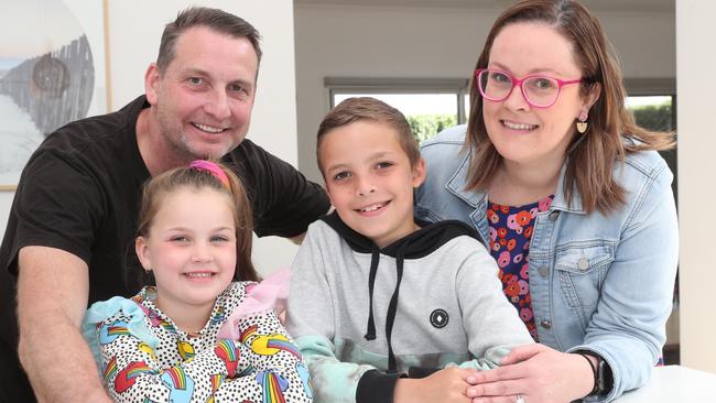 Ben and Wren Wilson with their children Adeline and Hunter. The family has to go to Laverton to see a paediatrician due to a shortage in Geelong. Picture: Alan Barber