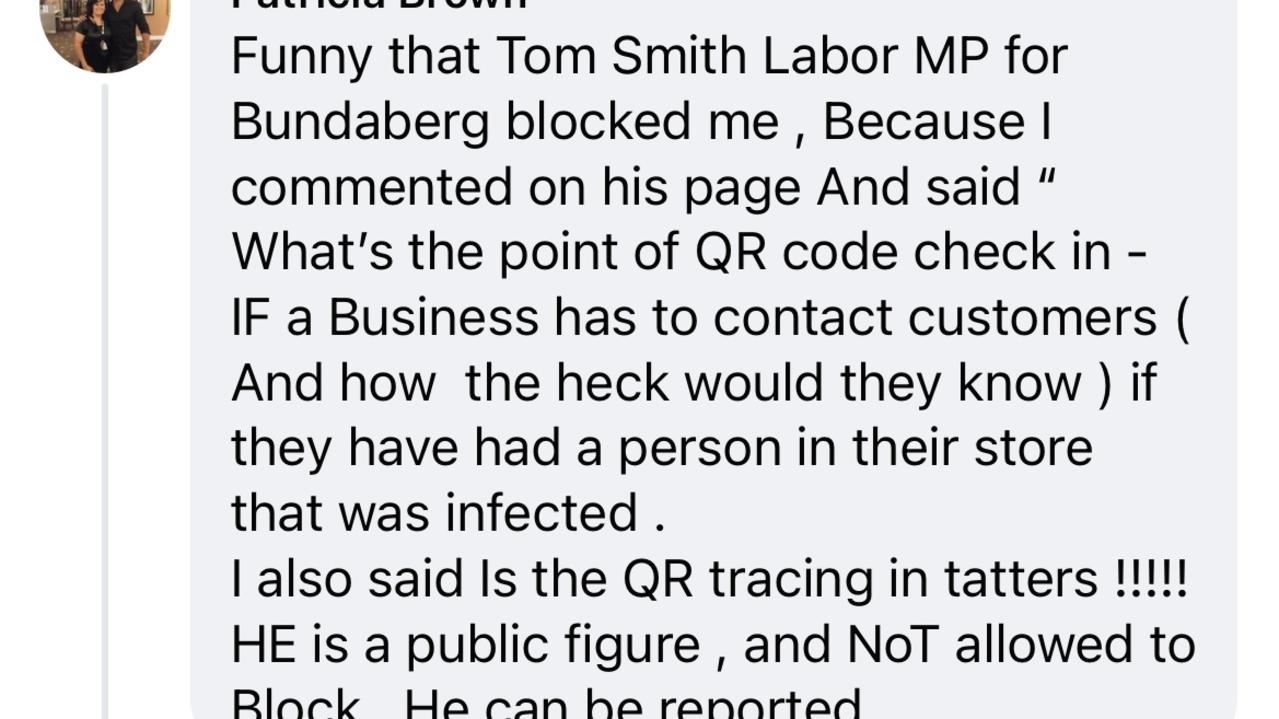 Community members have made accusations that they've been blocked from Tom Smith's Facebook page after asking about contact tracing and QR codes.