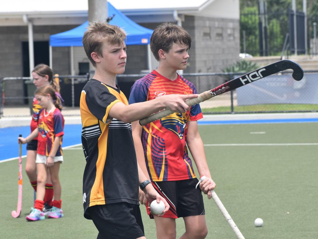 Players at the Park Avenue Brothers Hockey Club and Astro’s Hockey development clinic at Kalka Shades, Rockhampton, on February 8, 2025.