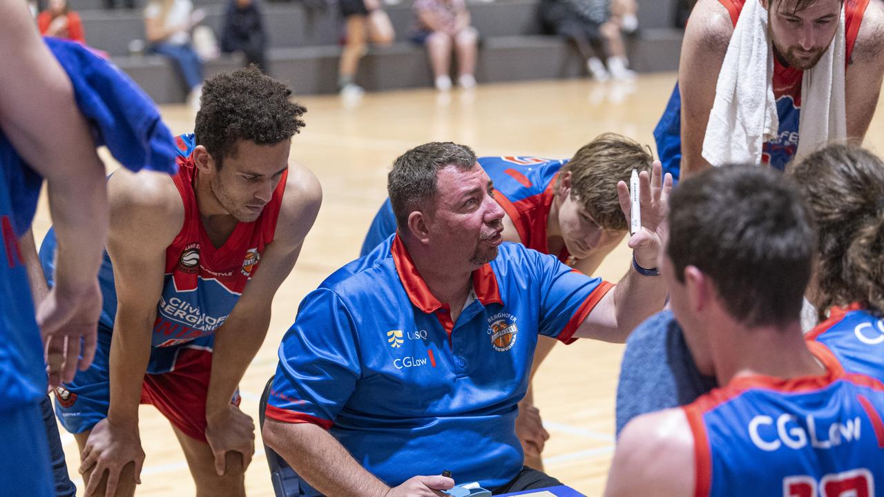 Toowoomba Mountaineers coach Sean Connelly during a time-out against Northside Wizards in QSL Division 1 Men round 2 basketball at Clive Berghofer Arena, St Mary's College, Sunday, April 21, 2024. Picture: Kevin Farmer