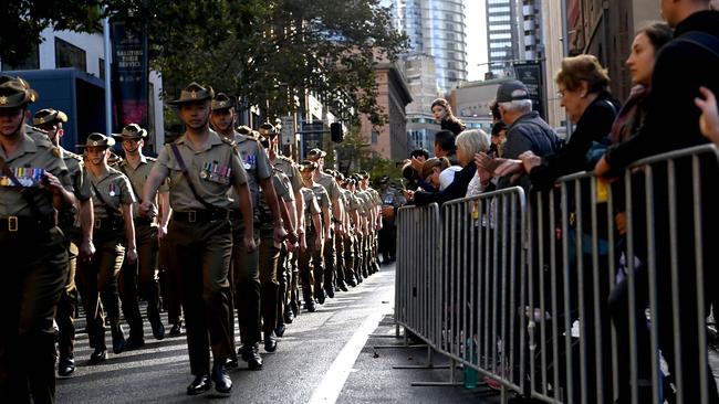 Thousands gathered in Sydney’s CBD for the Dawn Service and Anzac Day 2022 parade. Picture: NCA NewsWire / Jeremy Piper