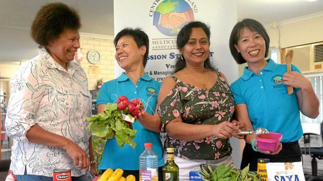 Theresa Stanke, Yngli Zhang, Dheepa Arumuga and Bing Xiong from QCMA prepare for taste of the World at the Showgrounds. Picture: Jann Houley