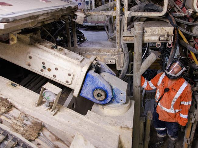 Kevin Love on the tunnel boring machine digging the tunnel for the Western Sydney Airport Metro, at Claremont Meadows, Sydney, today. Picture: Justin Lloyd