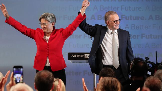 Penny Wong and Labor leader Anthony Albanese at the Labor Party launch in Perth. Picture: Liam Kidston.