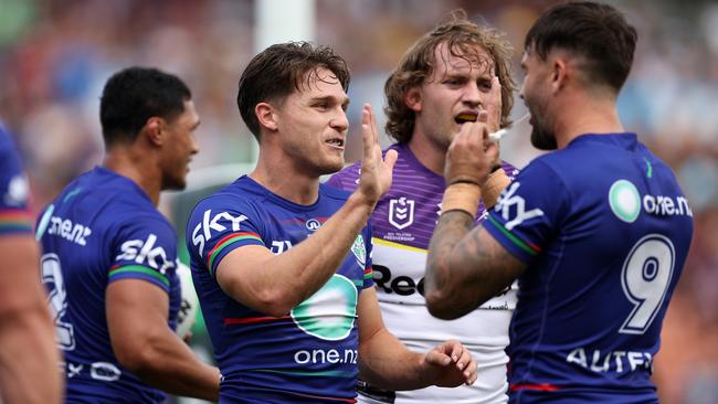 HAMILTON, NEW ZEALAND - FEBRUARY 15: Luke Metcalf of the Warriors (C) celebrates a try during the 2025 NRL Pre-Season Challenge match between New Zealand Warriors and Melbourne Storm at FMG Stadium Waikato on February 15, 2025 in Hamilton, New Zealand. (Photo by Fiona Goodall/Getty Images)