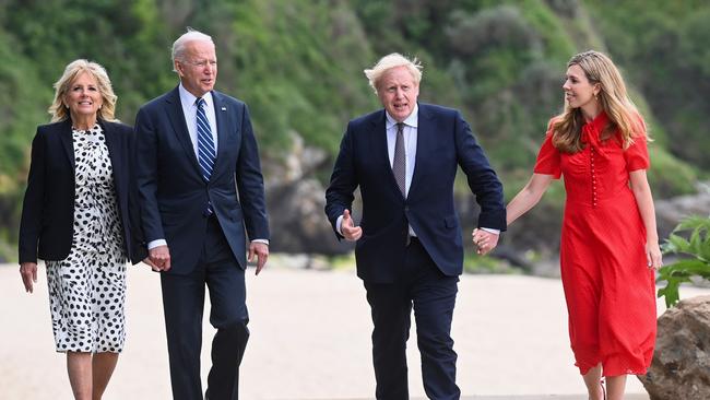 UK Prime Minister Boris Johnson, his wife Carrie Johnson, US President Joe Biden and first lady Jill Biden ahead of the G7 Summit. Picture: Getty