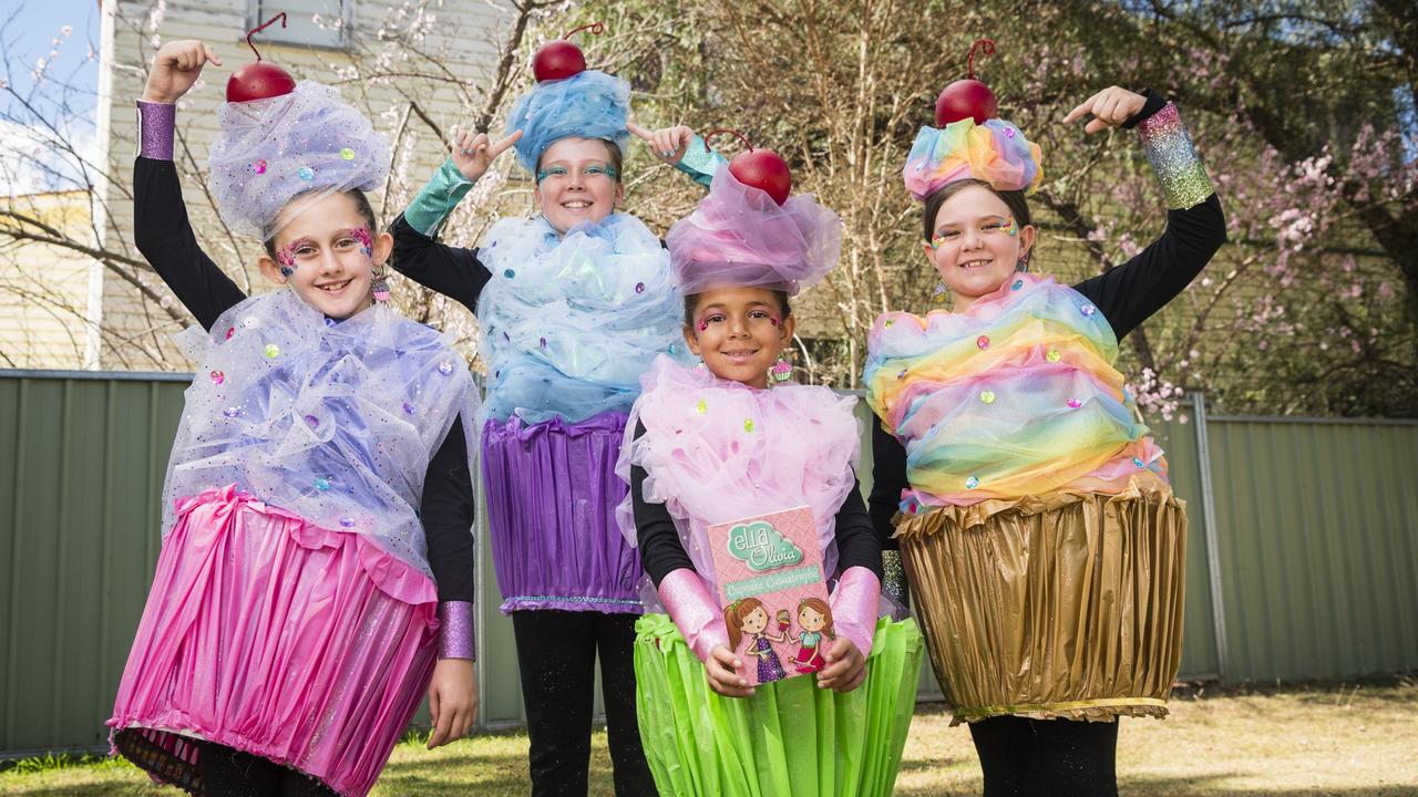 Clifton State School cupcakes (from left) Peighton Hetherington, Annabelle Morris, Charlotte Newman and Scarlett Chalmers inspired by the Ella and Olivia book Cupcake Catastrophe. Picture: Kevin Farmer