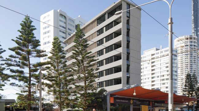 Artist impression of a new short-term accommodation tower planned for Surfers Paradise by Michael deBoer. Picture: Supplied