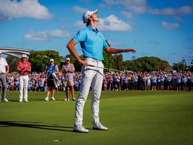 Elvis Smylie reacts after winning the Australian PGA Championship at Royal Queensland Golf Club. Picture: AFP
