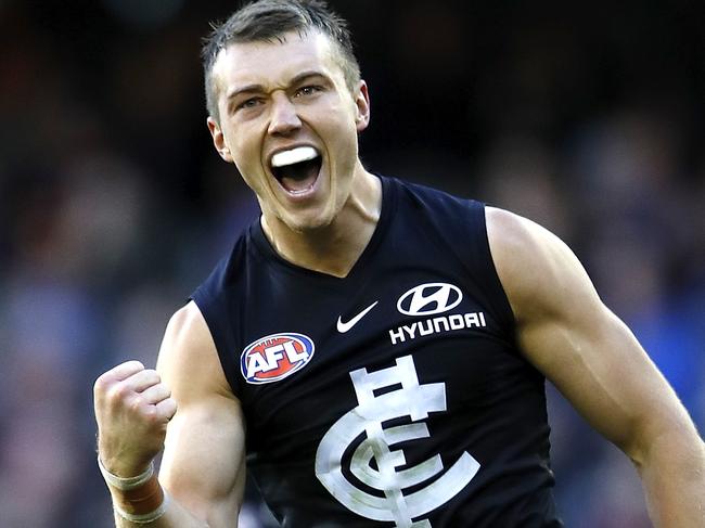 MELBOURNE, AUSTRALIA - JUNE 08: Patrick Cripps of the Blues celebrates a goal during the 2019 AFL round 12 match between the Carlton Blues and the Brisbane Lions at Marvel Stadium on June 08, 2019 in Melbourne, Australia. (Photo by Dylan Burns/AFL Photos)