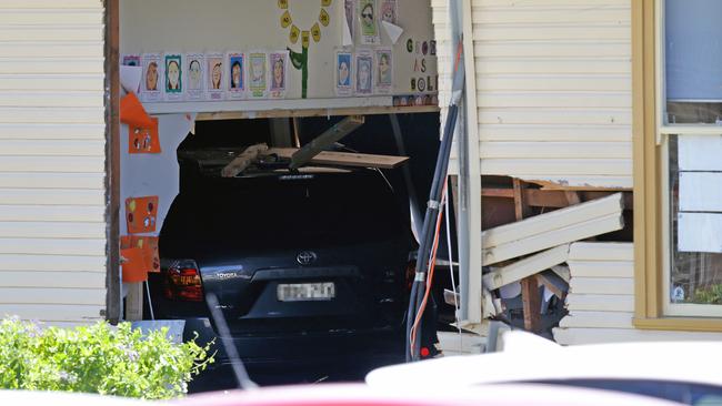 The car that slammed into the Year 3 classroom. Picture: Jonathan Ng