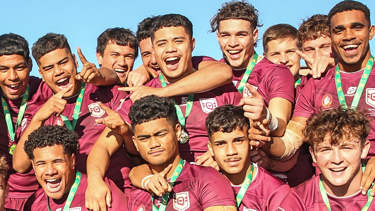 Queensland celebrate after winning the under 18 ASSRL schoolboy rugby league championship grand final between QLD v NSW CHS from Moreton Daily Stadium, Redcliffe. Picture: Zak Simmonds