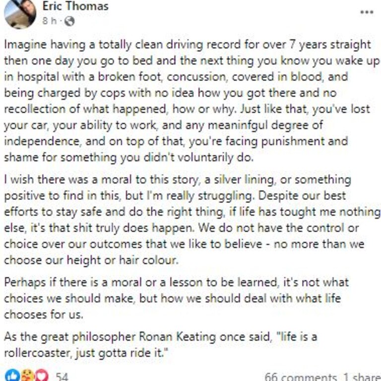 Gable Tostee, who now calls himself Eric Thomas, claims he was sleep driving when he crashed his car while drink driving.