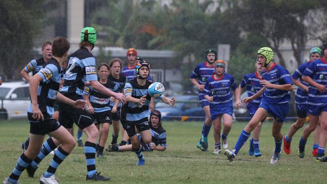 Day 1 of the King of the Country junior rugby union tournament at the Gold Coast Eagles Rugby Union Club.Maroochydore Swans (BLUE AND BLACK) vs USQ Saints (Blue ) Maroochydore Player No USQ Player No Pic Mike Batterham