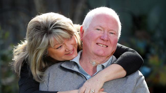 Former Hawthorn champion Gary Buckenara and his wife Annette at home in Melbourne. Picture: Alex Coppel.