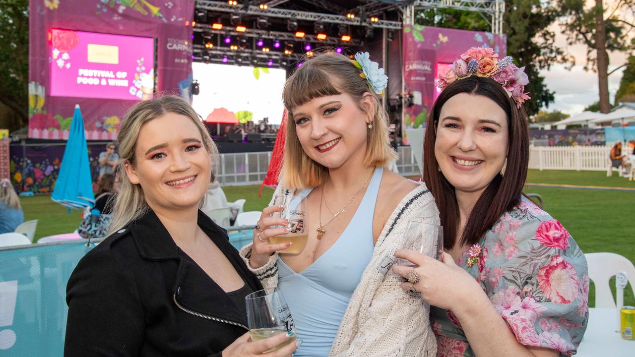 (From left) Georgie Waters, Malise Salter and Amy Briggs. Toowoomba Carnival of Flowers Festival of Food and Wine. Friday, September 13, 2024. Picture: Nev Madsen