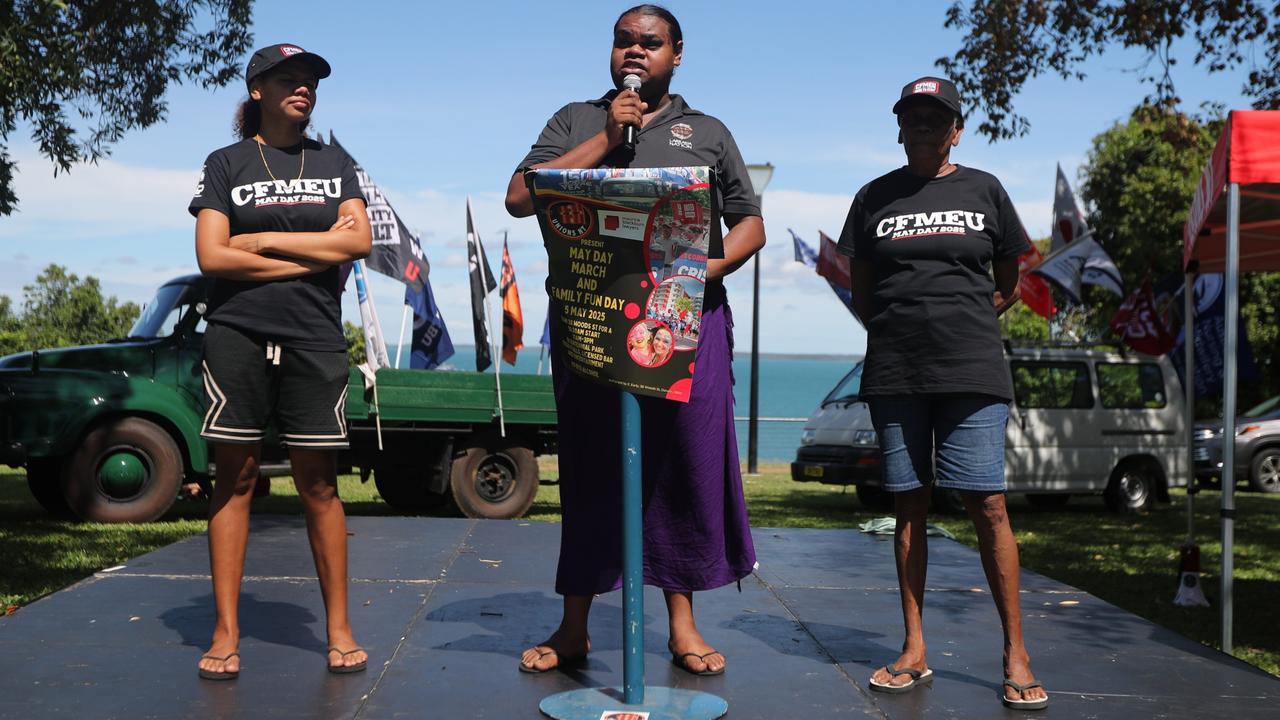 Larrakia person Edwin Fejo welcomed Territorians to the May Day family event at Bicentennial Park on the Esplanade on Monday, May 5. Picture: Zizi Averill