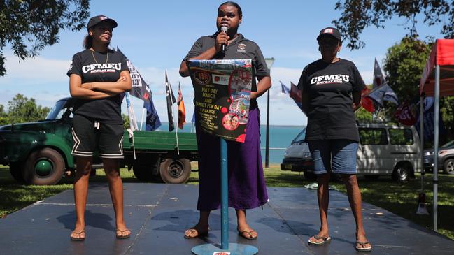 Larrakia person Edwin Fejo welcomed Territorians to the May Day family event at Bicentennial Park on the Esplanade on Monday, May 5. Picture: Zizi Averill