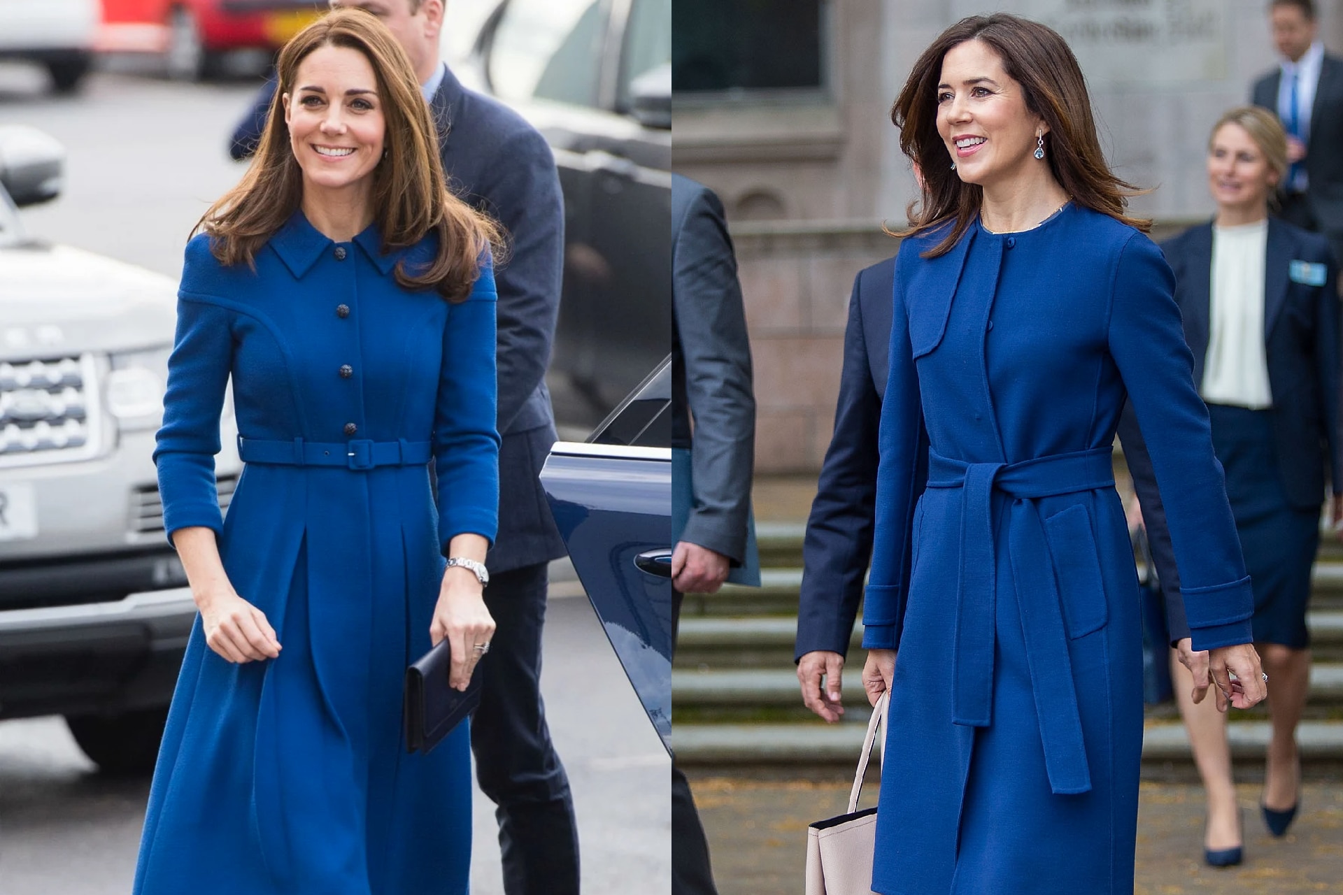 <h2><b>Princess Kate (2019) and Crown Princess Mary (2018)</b></h2><p>A coat dress may be one of the Duchess of Cambridge&rsquo;s signature silhouettes, but she&rsquo;s not the only royal who can pull it off. This navy style by Eponine bore a likeness to a knee-length coat dress in the same colour that Mary had worn a year earlier, in 2018.&nbsp;</p>