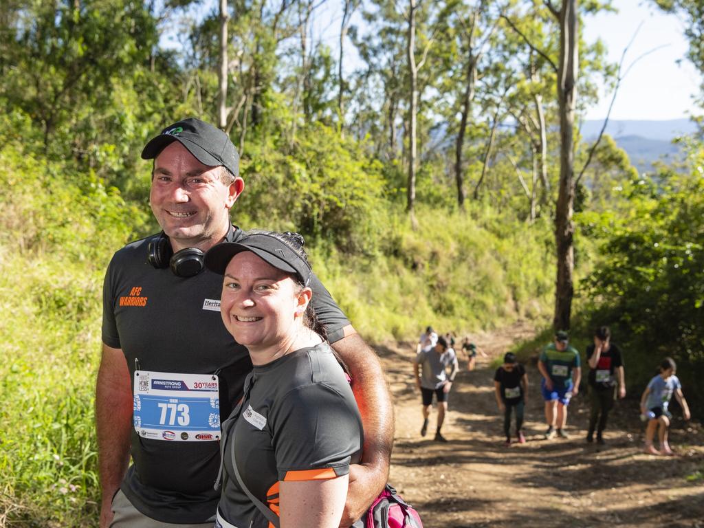 Peter Tickle and Mallory Terwijn of team AFC Warriors on the trail in Jubilee Park for Hike for the Homeless, Saturday, October 29, 2022. Picture: Kevin Farmer