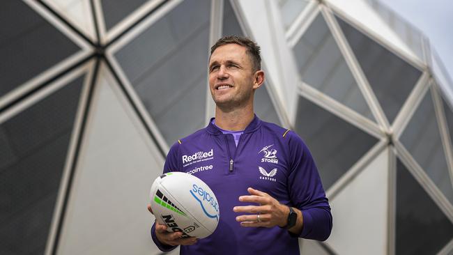 MELBOURNE, AUSTRALIA - FEBRUARY 06: Joel Selwood poses for a photograph during a Melbourne Storm NRL media opportunity at AAMI Park on February 06, 2023 in Melbourne, Australia. (Photo by Daniel Pockett/Getty Images)