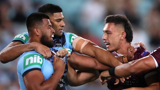 Payne Haas and Tino Fa'asuamaleaui went toe-to-toe in last year’s State of Origin series. Picture: Getty Images