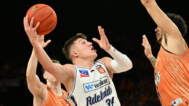 CAIRNS, AUSTRALIA - SEPTEMBER 28: Dejan Vasiljevic of the 36ers  in action during the round two NBL match between Cairns Taipans and Adelaide 36ers at Cairns Convention Centre, on September 28, 2024, in Cairns, Australia. (Photo by Emily Barker/Getty Images)