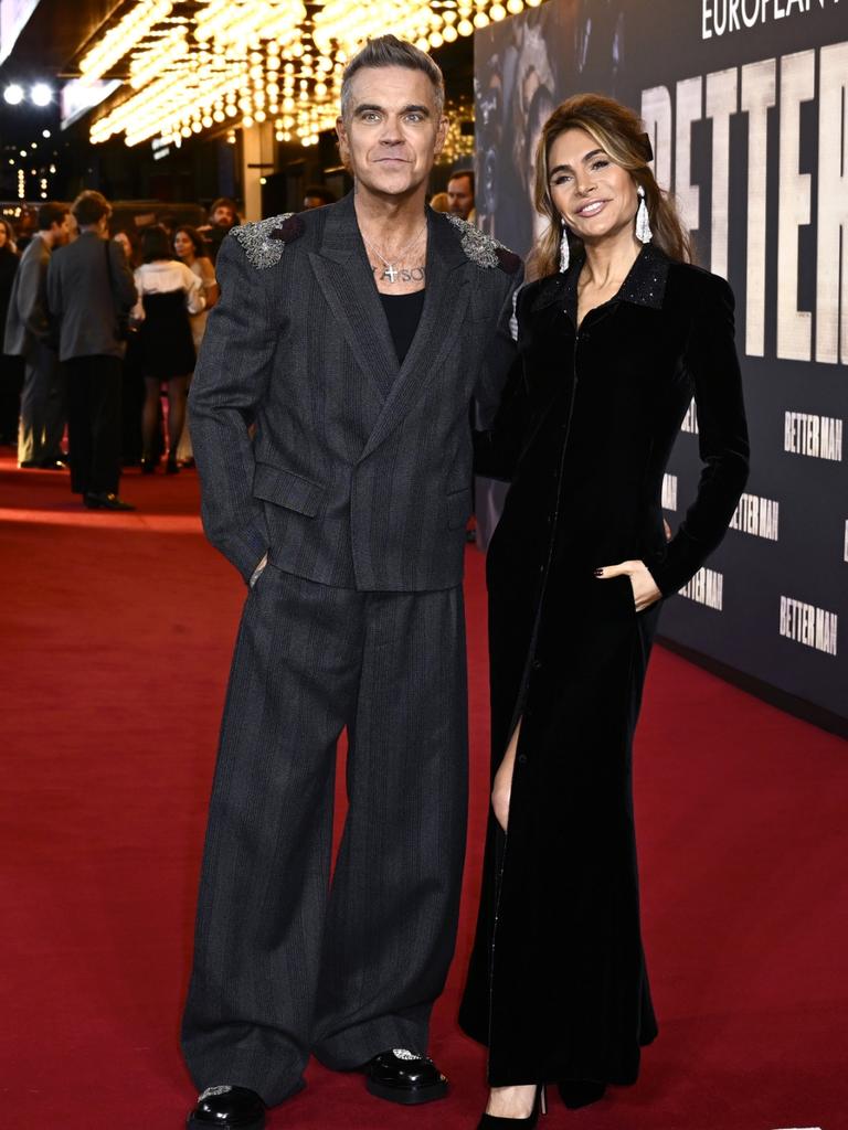 LONDON, ENGLAND - NOVEMBER 27: Robbie Williams and Ayda Field attend the "Better Man" European Premiere at the Odeon Luxe Leicester Square on November 27, 2024 in London, England. (Photo by Gareth Cattermole/Getty Images)