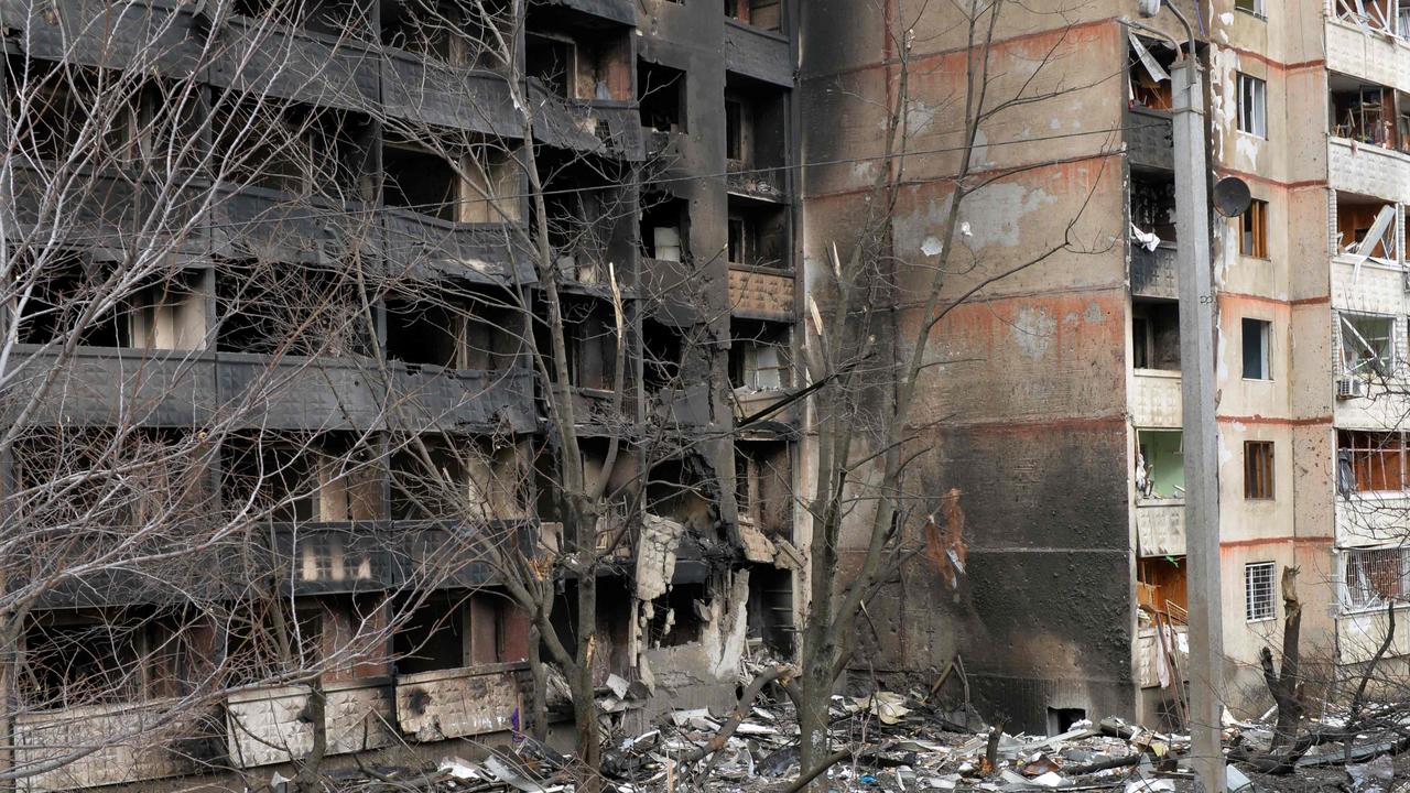 The burnt out remains of a building destroyed by Russian army shelling in Kharkiv. Picture: Sergey Bobok/AFP