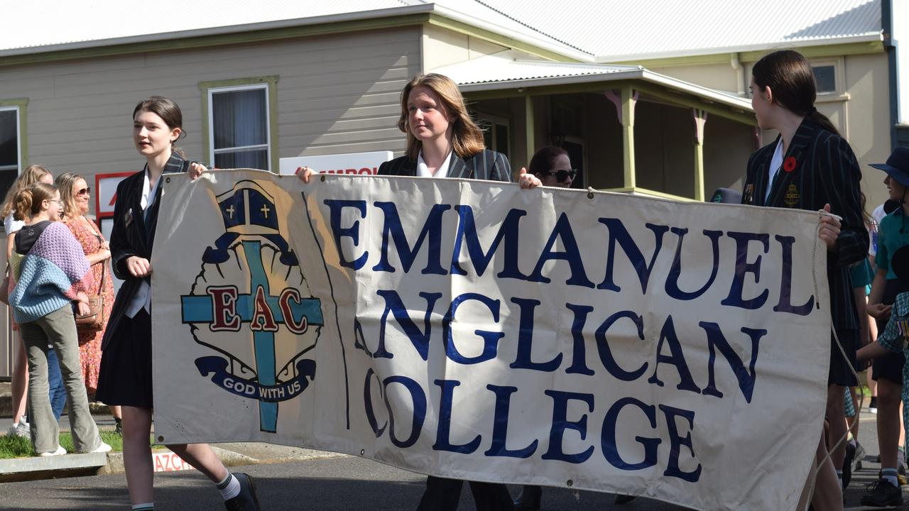 Students from Emmanuel Anglican College in Ballina join the march during the ANZAC DAY parade on Main Street in Alstonville Picture: Nicholas Rupolo.