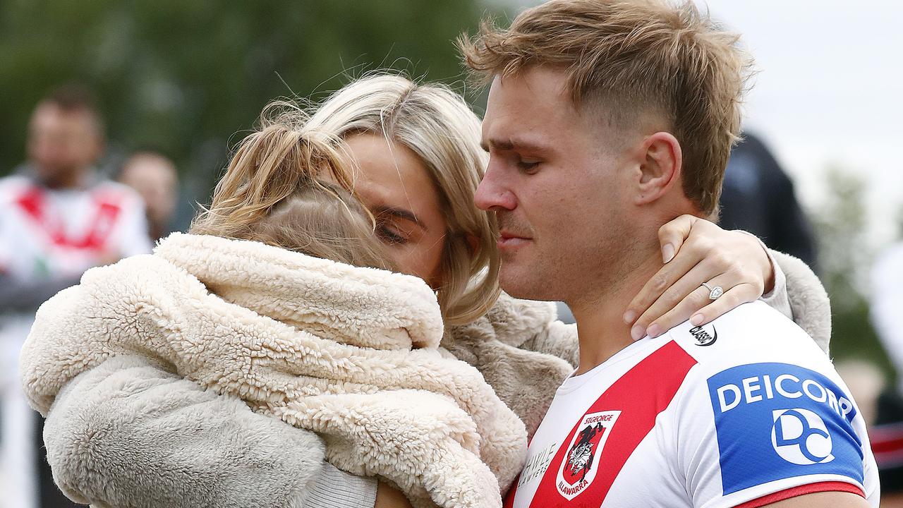 NRL player Jack de Belin with girlfriend Alyce Taylor after playing his first game in more than two years.