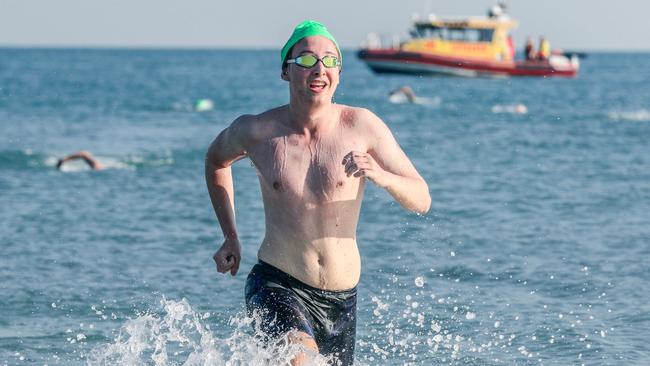 Adam Van Wessel, back-to-back winner of the 1.2km McArthur River Mining Darwin Ocean Swim at Casuarina Beach. Picture: Glenn Campbell