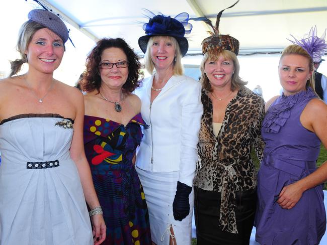 (L-R) Jill Bailey, Anne Boyle, Karyn Wybenga, Debbie Guides and Melissa Page enjoy the day at Cluden Race Track in Townsville for Ladies Day.