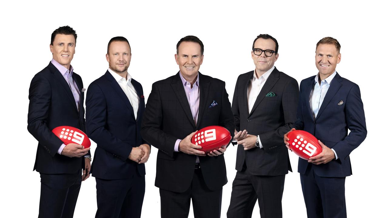 The Sunday Footy Show: Matthew Lloyd, Nathan Brown, Tony Jones, Damian Barrett and Kane Cornes. Picture: Channel 9/Supplied