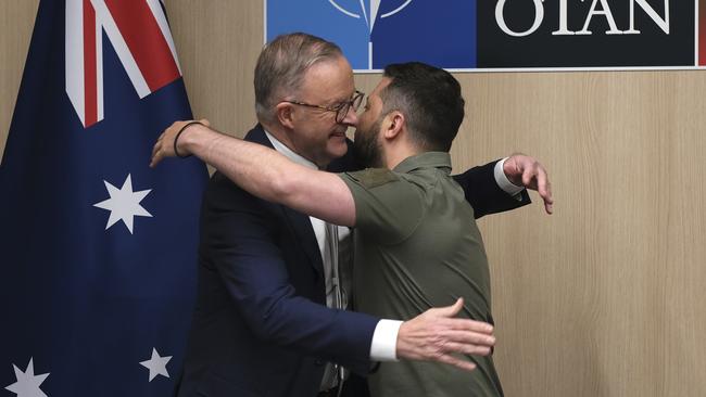 Anthony Albanese greets Ukrainian President Volodymyr Zelensky at the NATO summit in Vilnius, Lithuania. Picture: Jacquelin Magnay