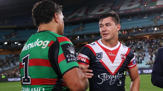 Latrell Mitchell and Joey Manu caught up after the full-time siren. Picture: Matt King/Getty Images