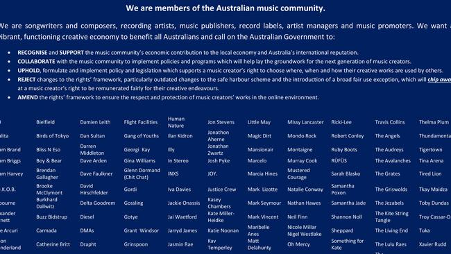 Letter to the Australian Government from members of the Australian music community. Picture Supplied