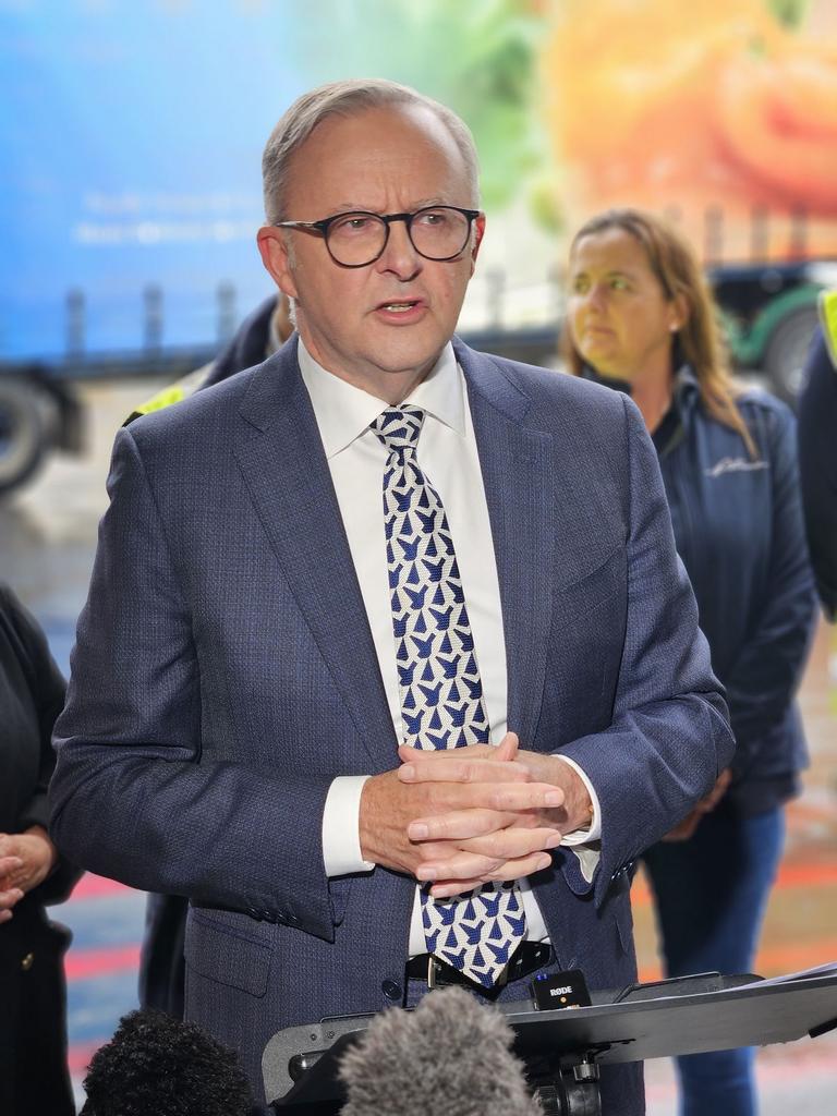 Prime Minister Anthony Albanese speaks to the press pack at a Tassal fish processing plant at Margate. January 17, 2024. Picture: David Killick