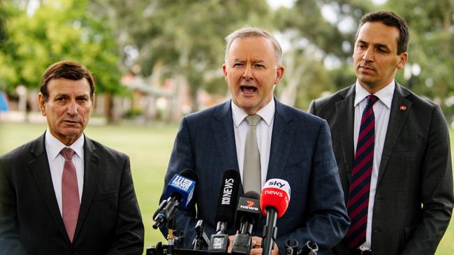 Federal opposition leader Anthony Albanese joined Peter Malinauskas at the SA Labor state conference on Saturday – after appearing at a press conference in Modbury the day before. Picture: NCA NewsWire / Morgan Sette