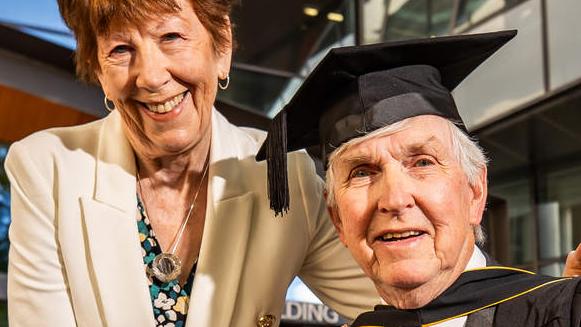 Gerry Moore graduated from a UniSA law degree at 76-years-old, pictured with wife Bernadette on April 16th, 2024, at Uni SA in Adelaide.Picture: Tom Huntley