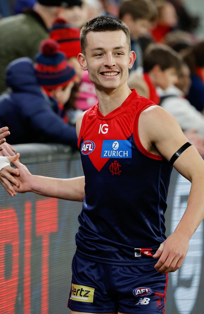 Demons debutant Kynan Brown had a massive moment after coming on as the substitute. Picture: Dylan Burns/AFL Photos via Getty Images.