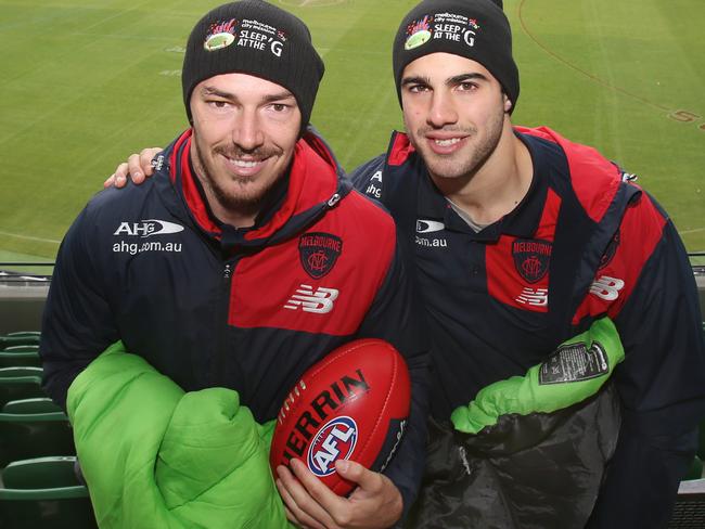 Melbourne AFL players Christian Petracca and Michael Hibberd. Melbourne Football Club is partnering with Melbourne City Mission again this year, which includes Sleep at the G.  Monday, April 10. 2017. Picture: David Crosling