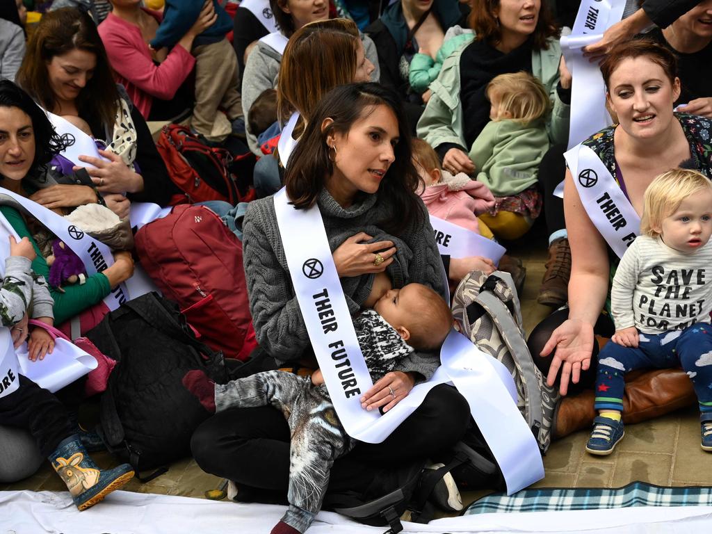 Mothers stage a sit-in outside Google. Picture: Paul Ellis/AFP