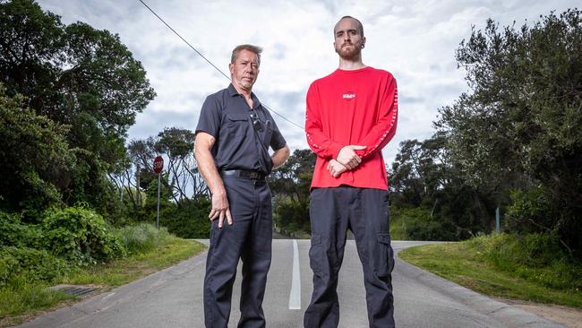 The victim of a car accident in which Dan Andrews’ wife was involved was allegedly paid to keep quiet. Peter Meuleman and his son Ryan stand on the spot where Ryan was hit while riding his bike. Picture: Jake Nowakowski