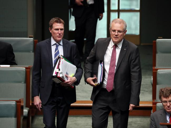 Attorney-General Christian Porter with Prime Minister Scott Morrison during Question Time. Picture: Gary Ramage