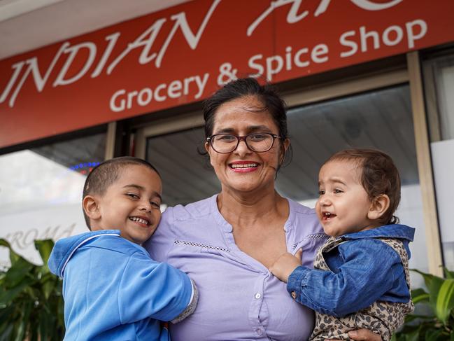 Indian Aroma Grocery and Spice owner and Mackay mum Kamal Kour, pictured with sons Rudr Bahl, 4, and Anhad Bahl, 1, was excited about the women's' Indian cricket team playing in Mackay. Picture: Heidi Petith
