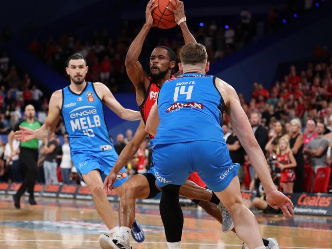 PERTH, AUSTRALIA - JANUARY 22: Bryce Cotton of the Wildcats drives to the key during the round 17 NBL match between Perth Wildcats and Melbourne United at RAC Arena, on January 22, 2025, in Perth, Australia. (Photo by Paul Kane/Getty Images)