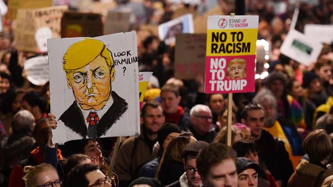 Mr Trump’s seven Muslim country ban has triggered protests around the world including this demonstration outside Downing Street in London. Picture: AFP/Ben Stansall.