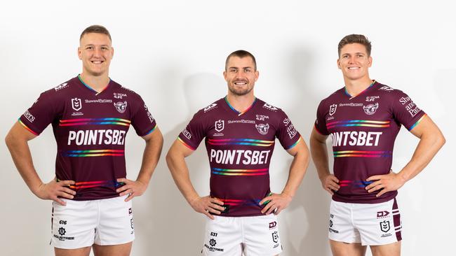 Manly's Sean Keppie, Kieran Foran and Reuben Garrick in the Sea Eagle's Pride jersey. Picture: Manly Digital