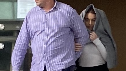 Katie Holmes leaves Newcastle Court House during an appearance in 2021. Picture: Emily Burley.